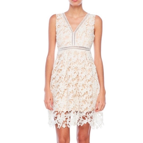 🧺Romeo & Juliet Couture White and Nude Lace V-Neck Formal Dress, NWT, size M - Picture 1 of 6